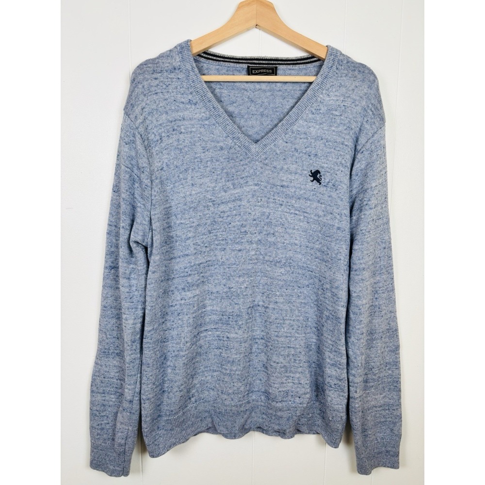 Express Mens Large V-Neck Sweater Denim Blue Long Sleeve Pullover  Cotton Spring